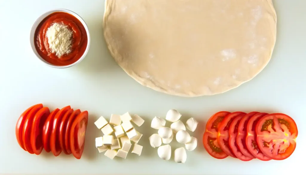 ピザ生地トマトソースモッツァレラチーズトマトの画像