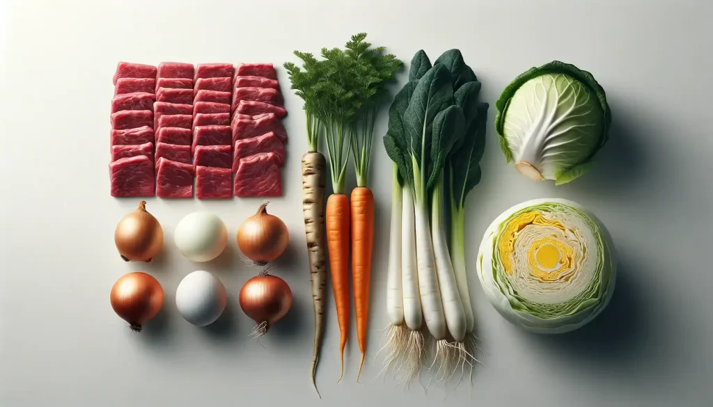牛薄切り肉, 玉ねぎ, ごぼう, にんじん, 白菜, 卵の画像