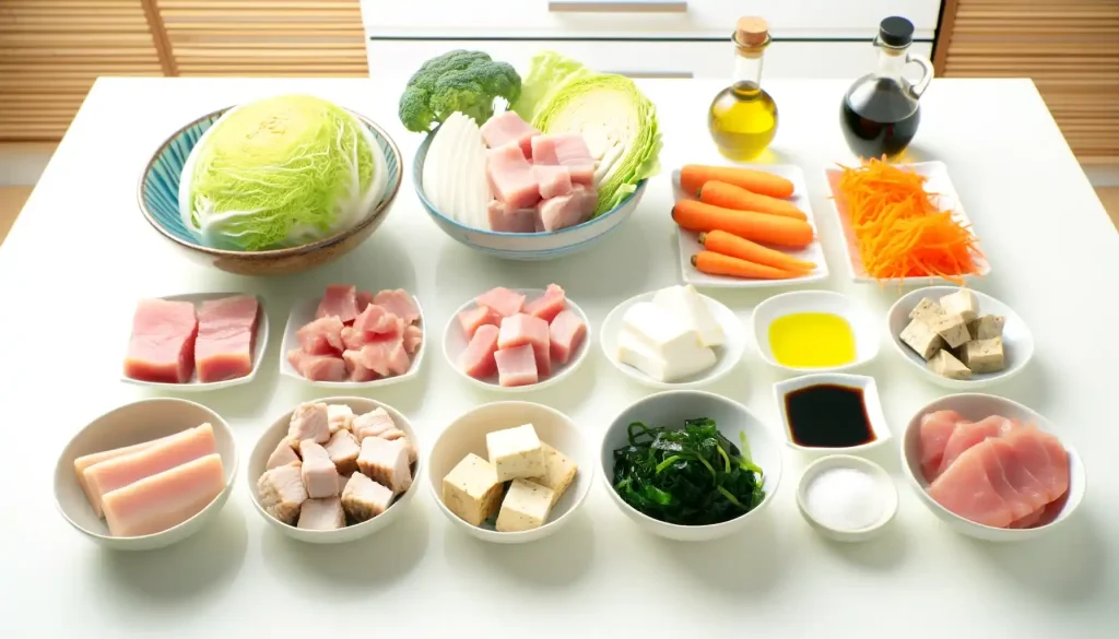 豚肉, キャベツ, 人参, ツナ, 大根, しょうゆ, 味噌, 豆腐, わかめ, オリーブオイル, 塩の絵