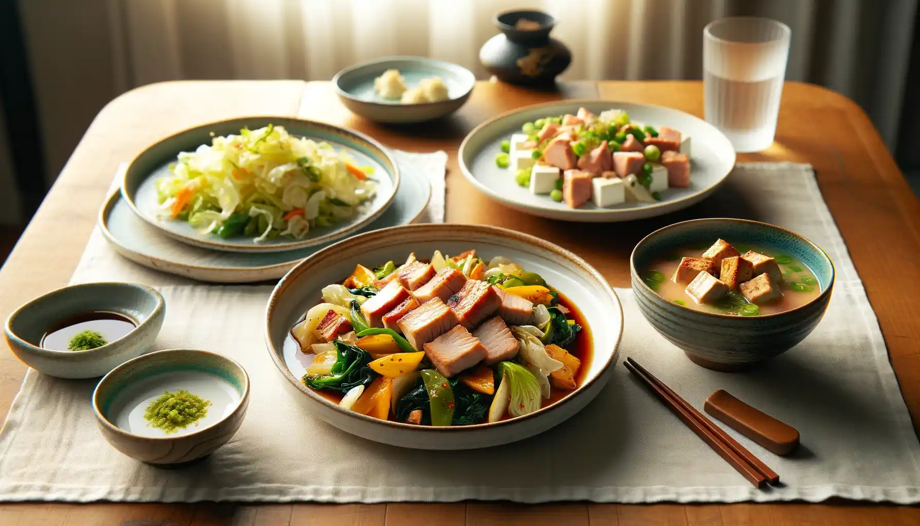 豚肉と野菜の炒め物 キャベツとツナのサラダ 豚汁の画像