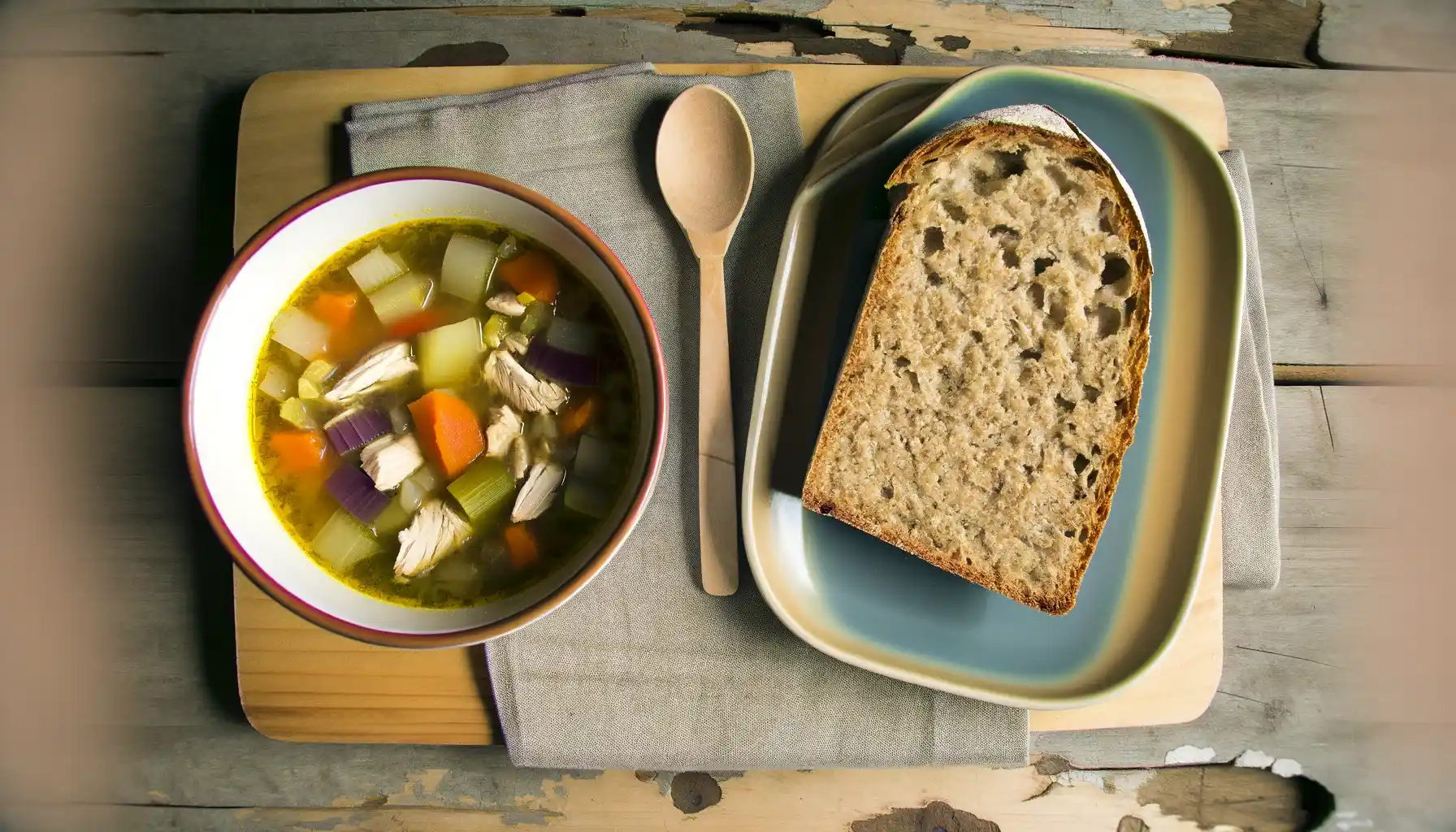 野菜と鶏肉のスープ、全粒粉のパンの画像